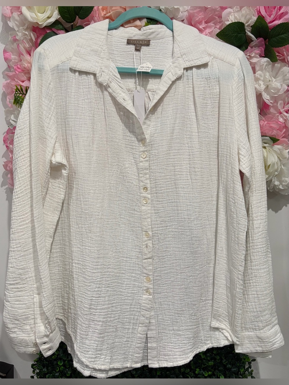 Lilla P White Textured Button-Down Shirt Brand New Size Medium